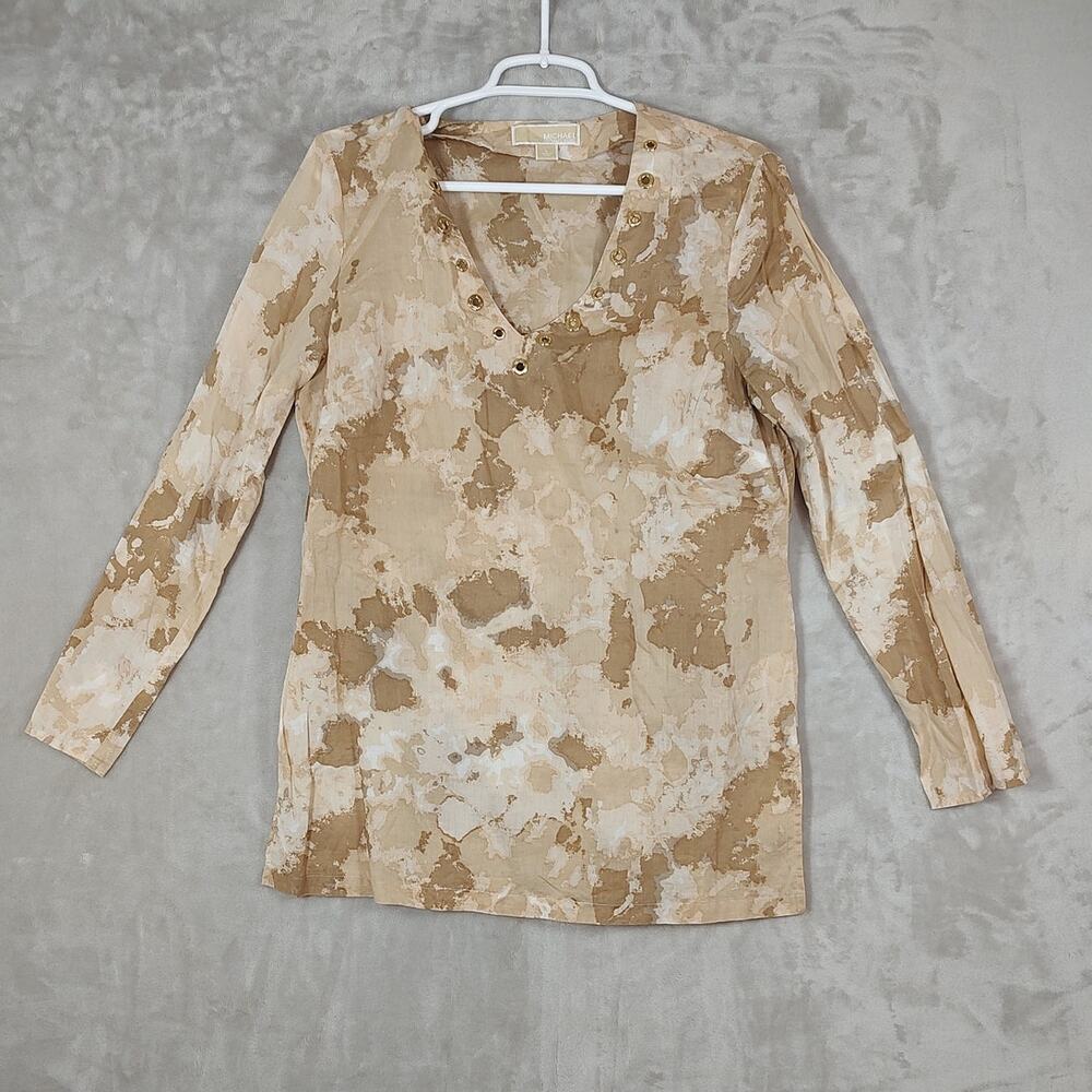 Michael Kors Tan Camo Studded Cotton Tunic Blouse Size Large V-neck Lightweight